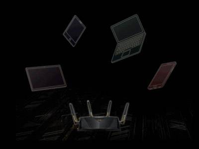 A router in the centre with four aerials, surrounded by floating digital devices such as laptops and tablets, on a black background.