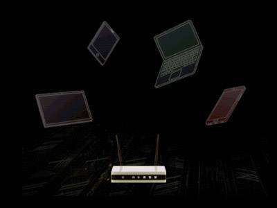 A router in the centre with floating electronic devices such as a laptop, tablet and smartphone, demonstrating wireless networking.