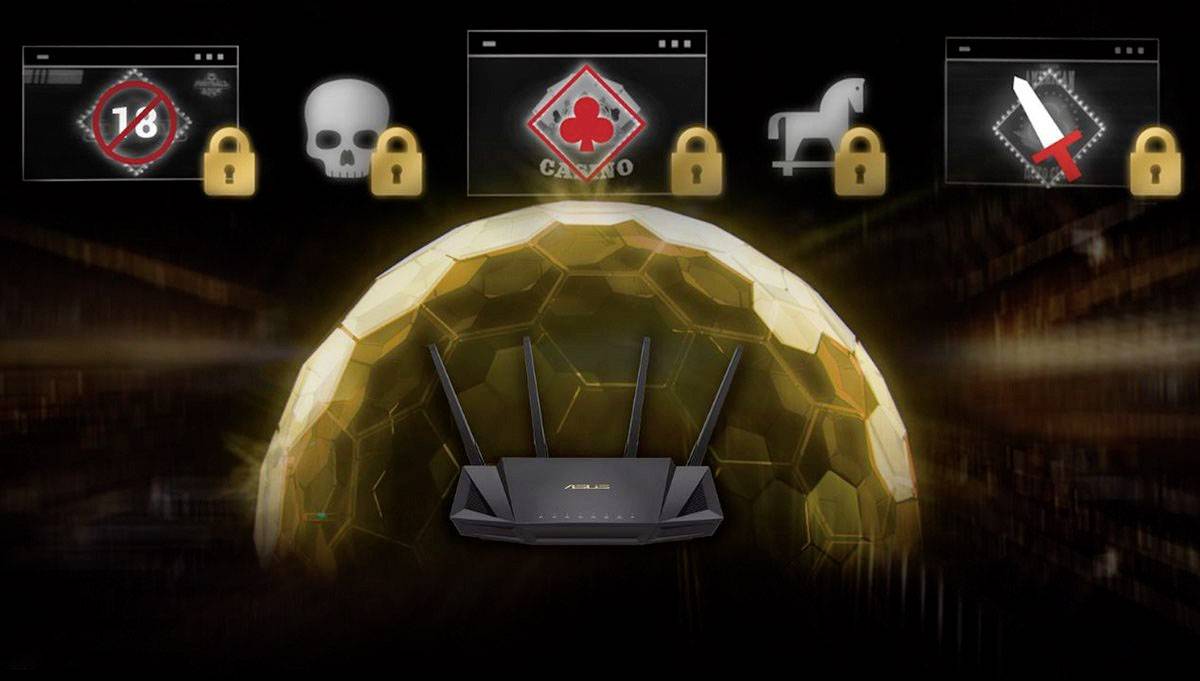 A router with a protective shield against threats such as prohibited 18+ material, skull, casino sites, Trojans and knife displayed.