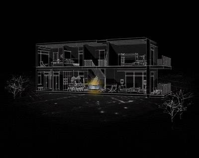 A two-storey house with a transparent cross-section reveals interior spaces including bedrooms, living room, and stairs. Exterior area with two trees.