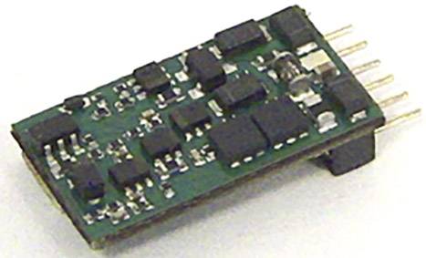 A small electronic module with various black and silver components on a green circuit board.