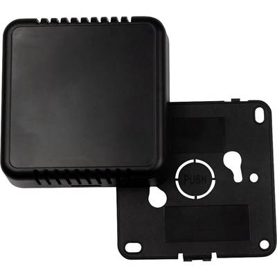 Black square plastic casing, partially open, showing interior view. Text 'PUSH' visible on the inside.