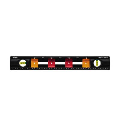 Spirit level with two integrated bubble vials and multiple coloured markings on a black casing.