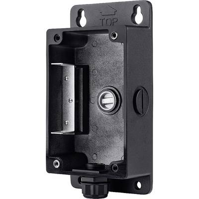 Black, rectangular housing with rounded edges and mounting slots on top, inside a round screw and an elongated space.