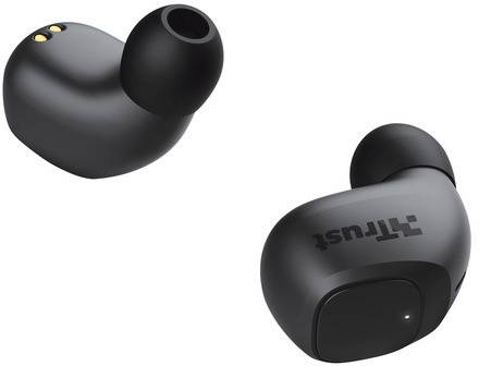 Black wireless earbuds with an ergonomic design, an LED indicator, and a brand logo on one of the earphones.