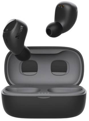 Black wireless earbuds with charging case, open. One earbud hovering above the case, ready to be inserted. Brand name visible.