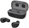 Black wireless earbuds with charging case, on a white background. One earbud is placed outside, with the case open.