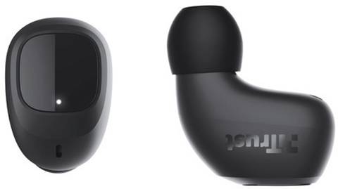 'The image shows a pair of wireless earbuds in black, with close-up views of the left and right sides. The brand is printed on them.'