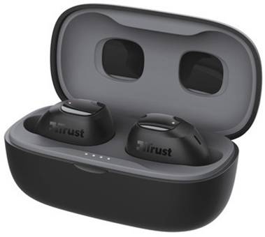 Wireless black earbuds in an open charging case with LED battery status indicators.