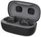 Wireless black earbuds in an open charging case with LED battery status indicators.