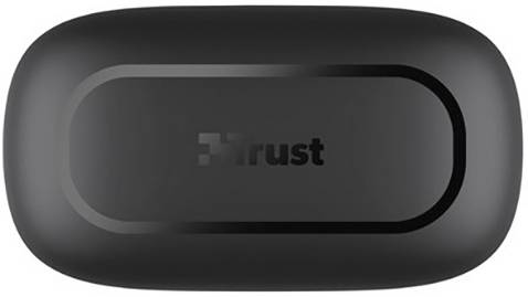 Black, oval power bank with the word 'Trust' in the centre.