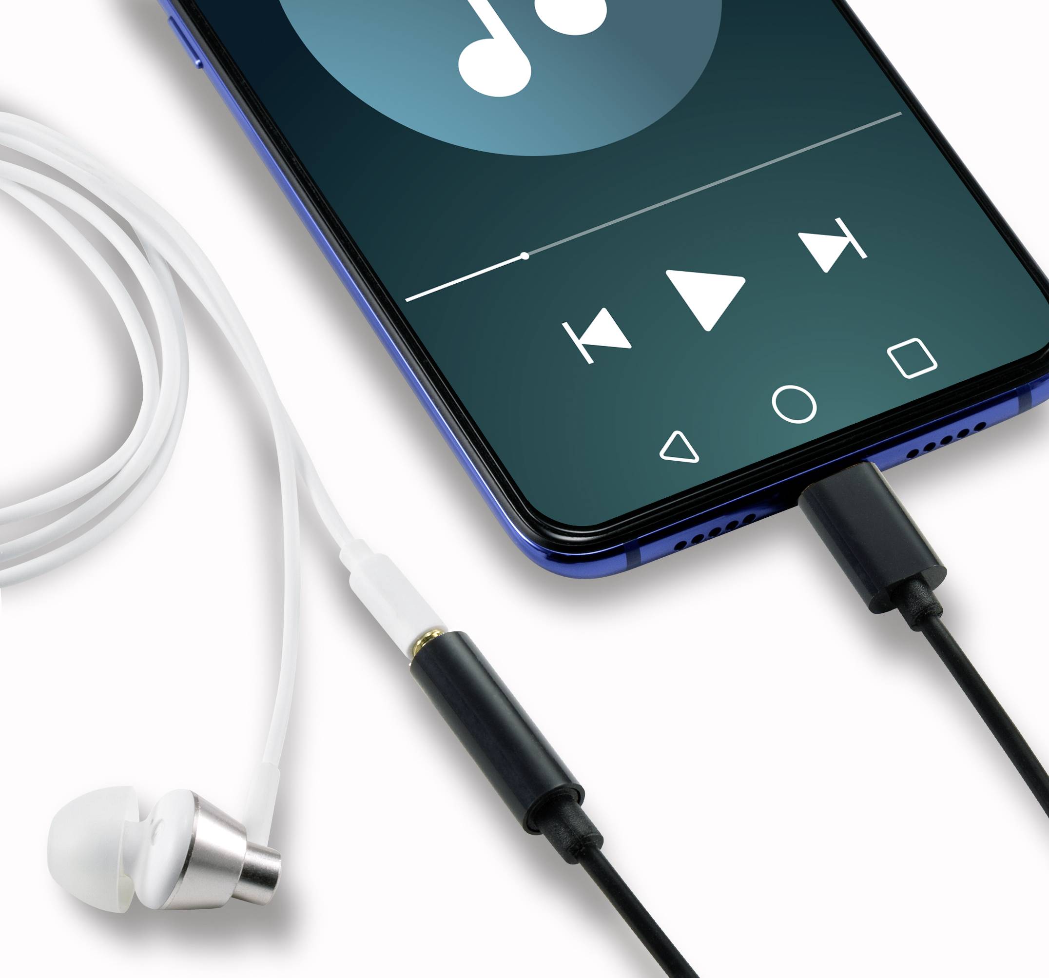 Smartphone with music player app open, showing playback buttons. Connected earphones suggest listening to music.