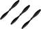 Three black propellers in a row on a white background. Each has two opposing blades that are curved outwards.