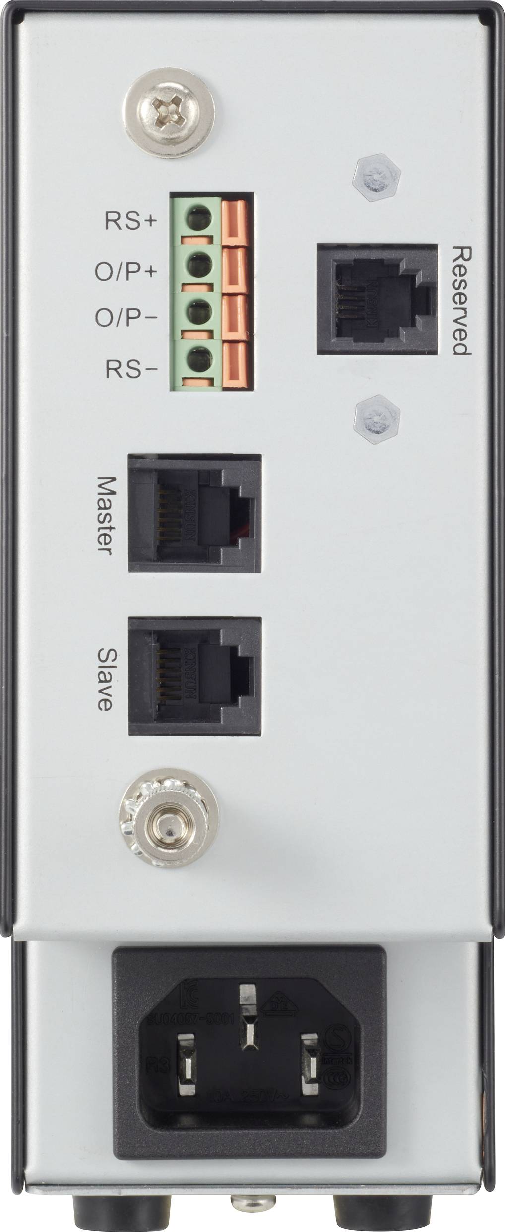 Back of an electronic device with connections for RS+, RS-, I/O, Ethernet and power. Additional ports labelled as Master and Slave.