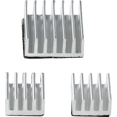 'Three silver aluminium heatsinks of different sizes. They have a rectangular shape with vertical fins for heat dissipation.'