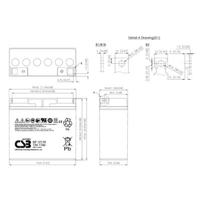 'Technical drawing of a battery, Model GP 12170, 12V, 17Ah. Shows frontal and side dimensions, symbols and connections.'