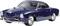 Blue model car of a classic sports car with chrome details and black windows. The car is standing on a white surface.