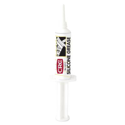White syringe with 'CRC Silicone Grease' printed on it. Packaging displays stylised mechanics, symbolising product application.