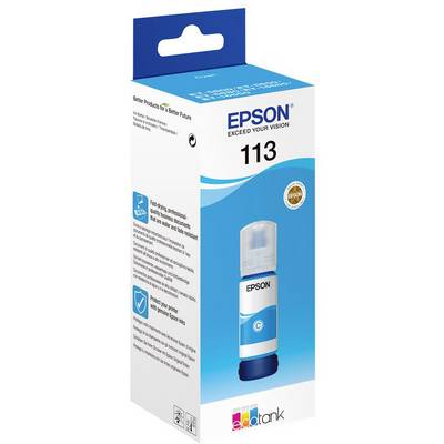 Packaging for an Epson '113' ink bottle, compatible with EcoTank printers. Contains cyan ink, quick-drying, long-lasting.