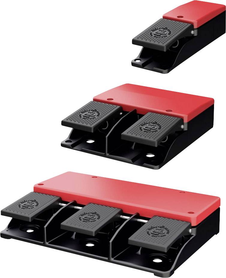 Three red and black foot pedal switches in different sizes. Each switch has a pedal that is visually structured.