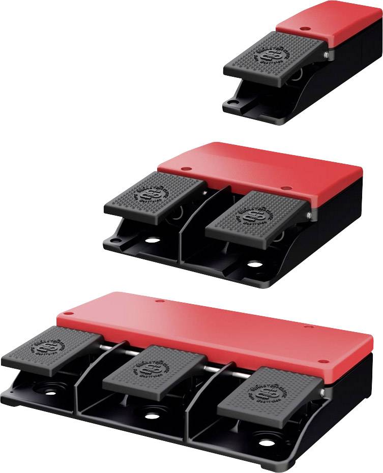 'Three foot pedal switches of different sizes in black and red. The pedals are suitable for machine control and vary in size and number of pedals.'