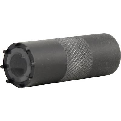 Cylindrical, black object with a ridged surface and a flat, serrated end. Potentially a tool.