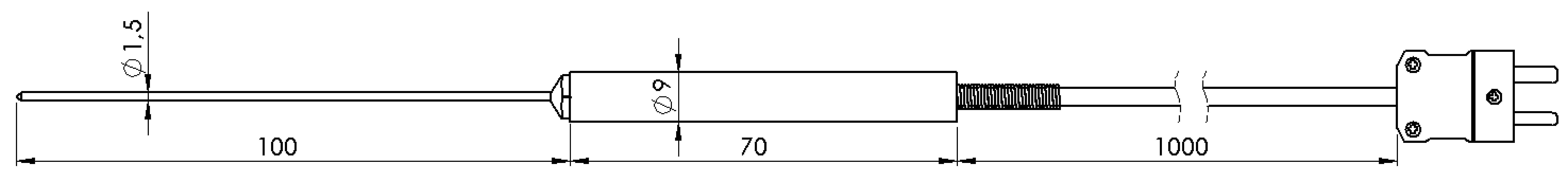 Technical Drawing of a Temperature Sensor. Shows the overall length, sensor diameter, and connections. Dimensions: 100 mm and 70 mm.