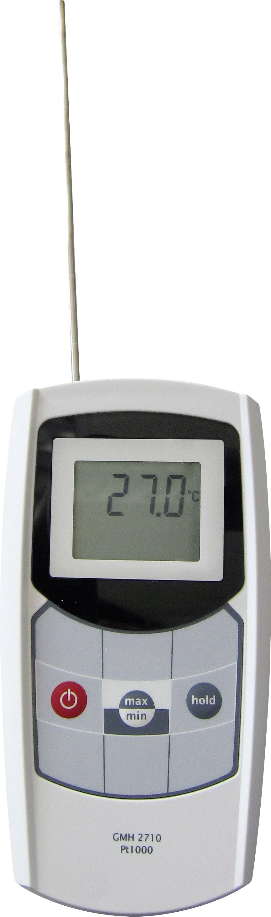 Digital thermometer displaying 27.0 degrees Celsius, surrounded by round buttons with functions for On/Off, Max/Min and Hold.