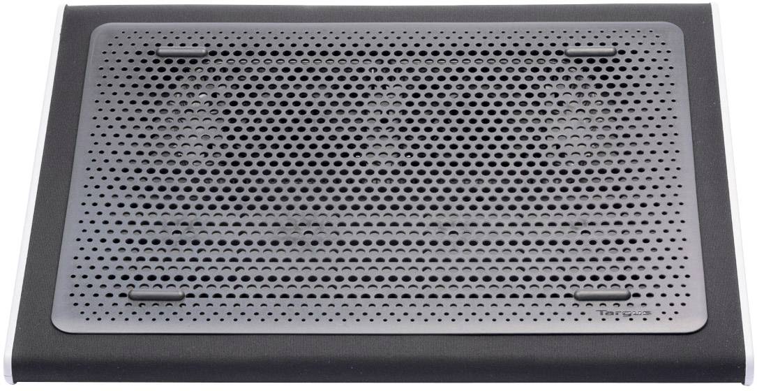 Black laptop cooler with perforated surface for improved air circulation. Suitable for efficient laptop cooling.