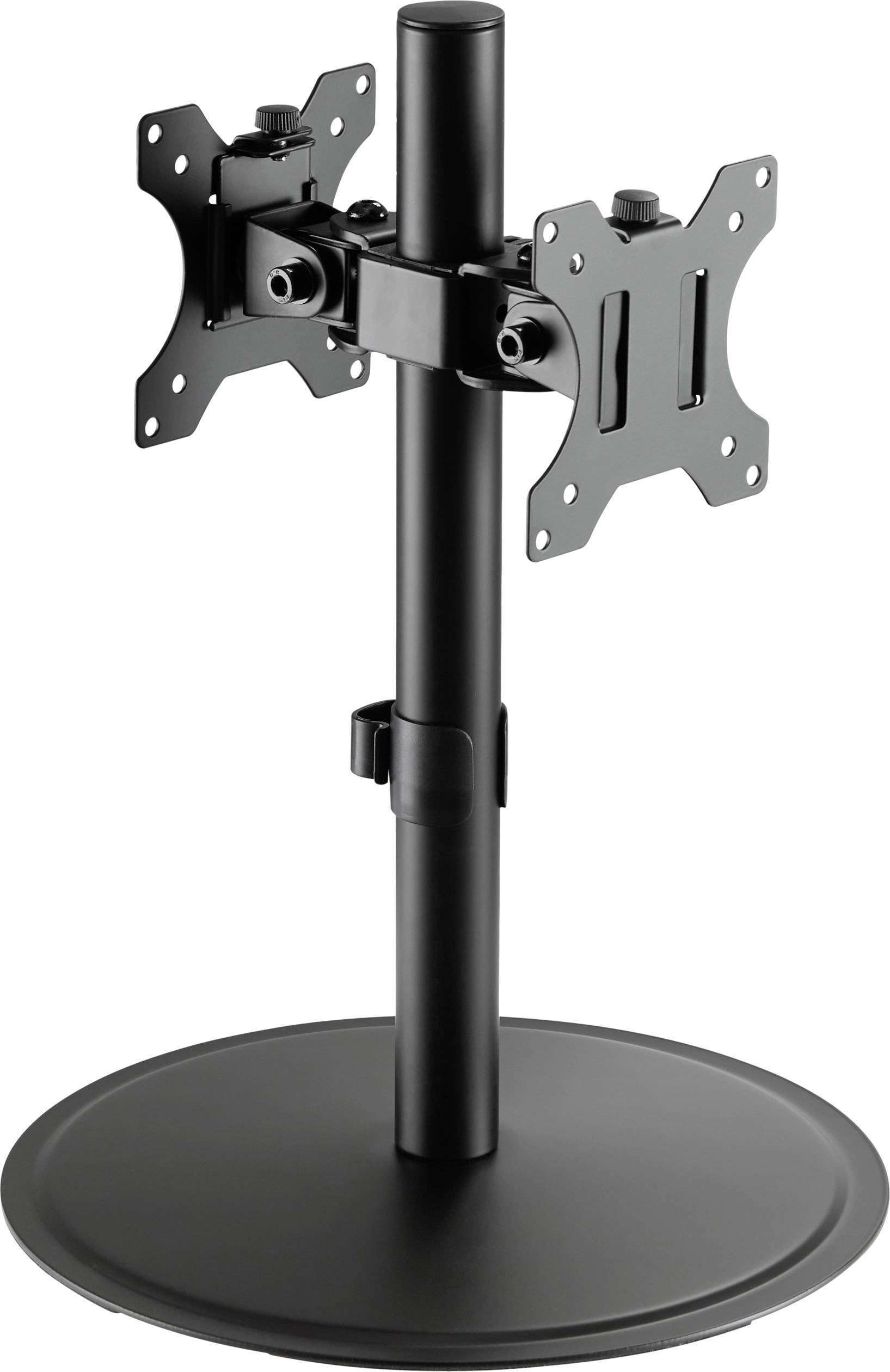 A black dual monitor stand with round base and two adjustable mounting brackets for monitors.