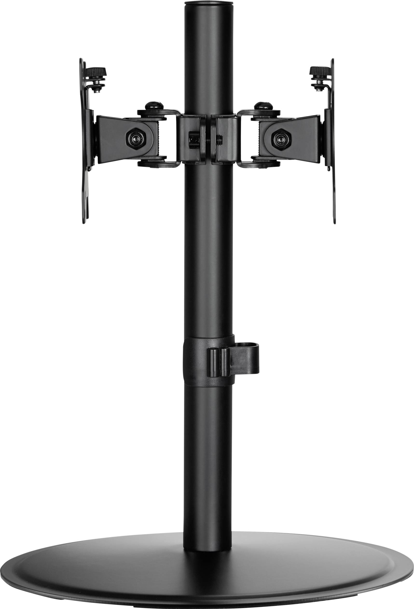 A black monitor stand with two mounting brackets attached to a central support pole. Suitable for holding two screens.
