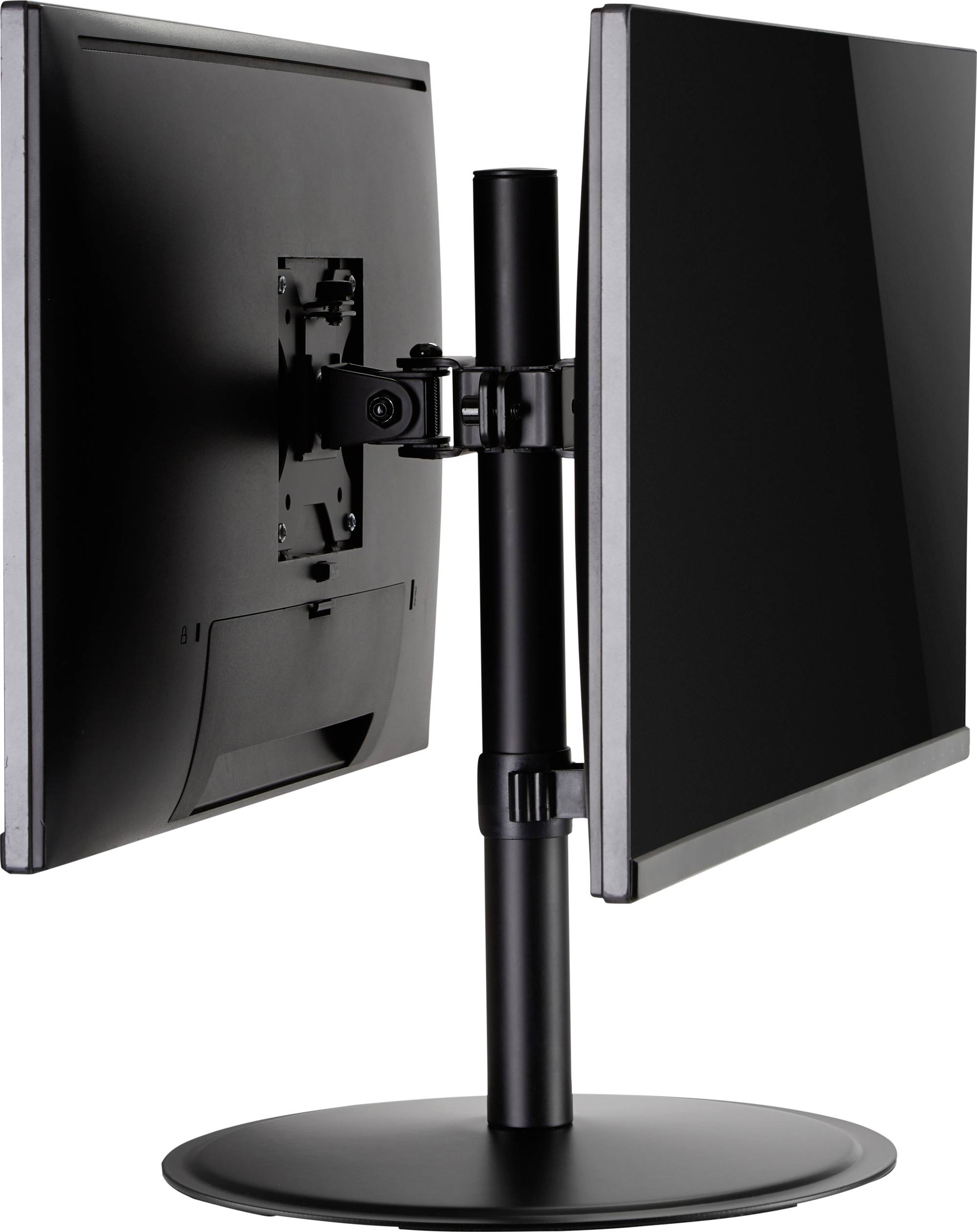 Two computer monitors arranged side by side on a dual stand. Monitors are visible from the side, showing a sleek design.