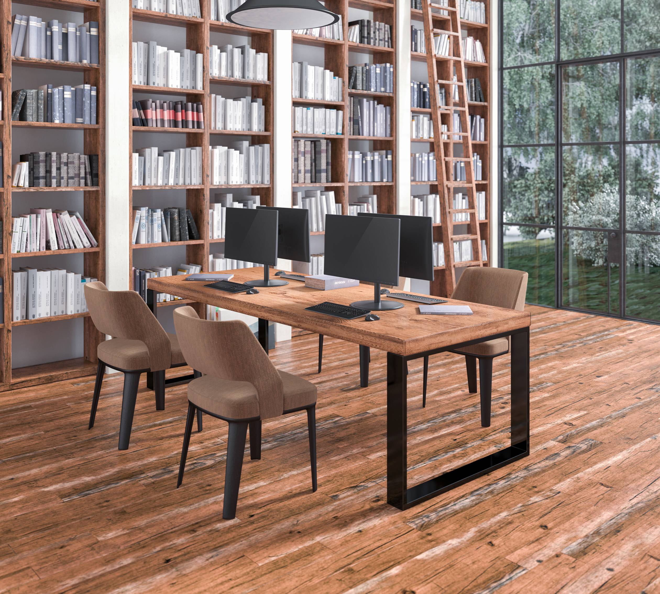 A modern library space with wooden shelves full of books, large windows and a long table with four computers and chairs.