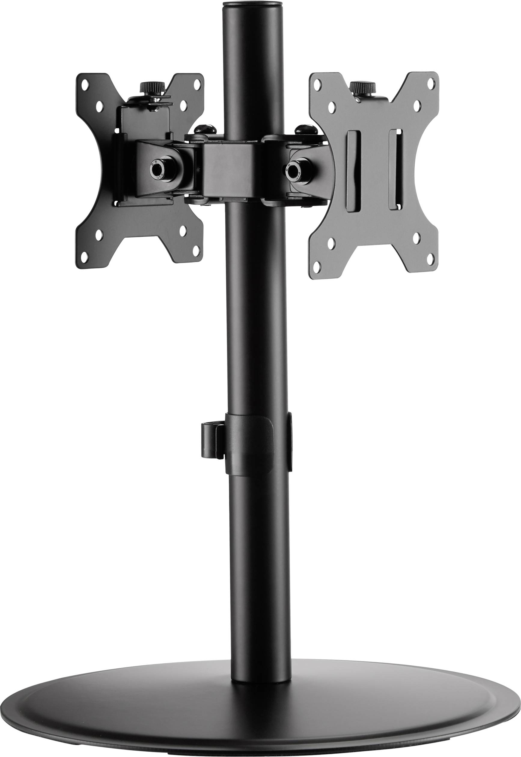 Black metal dual monitor mount, suitable for desk mounting.