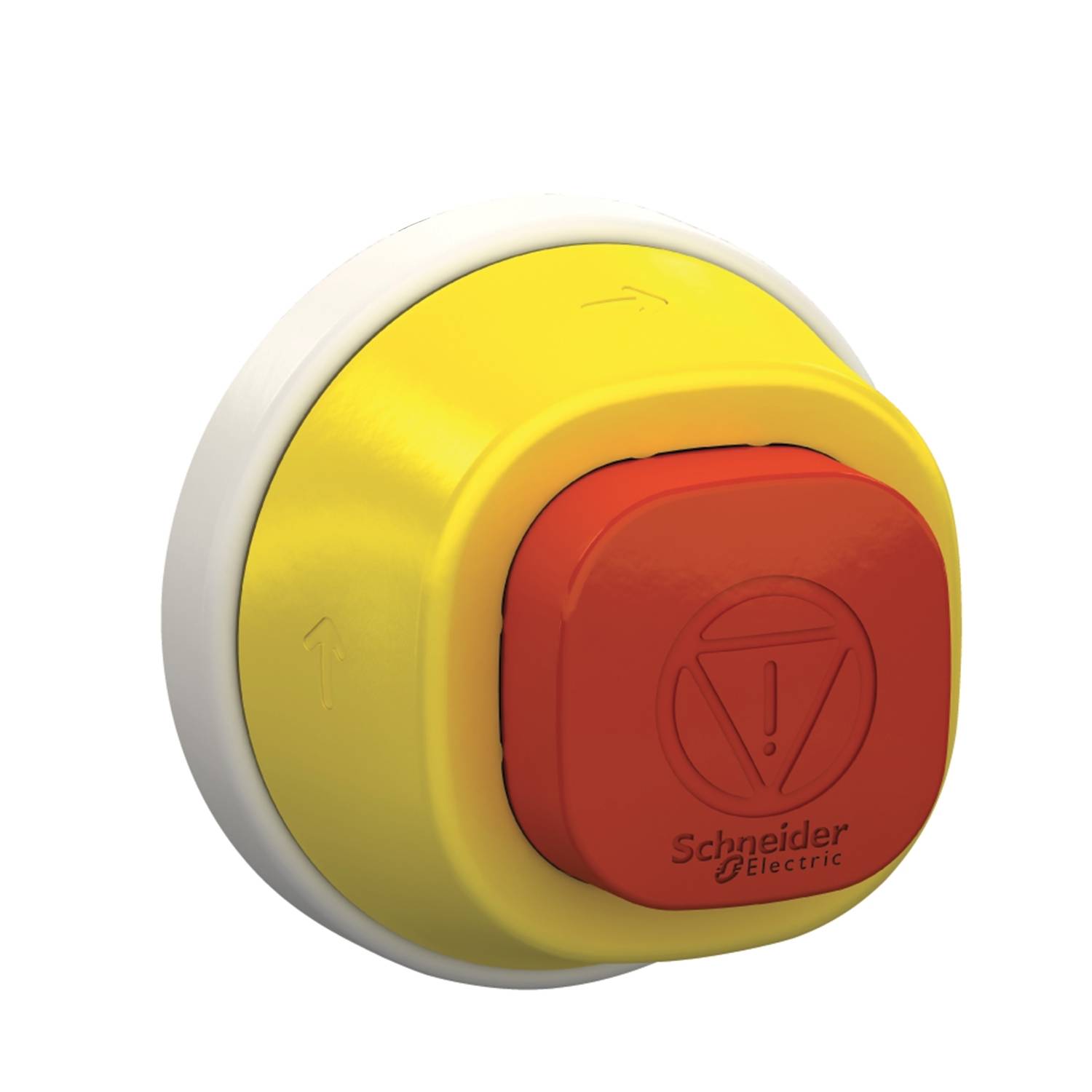 Yellow emergency stop switch with red button by Schneider Electric, used for rapid machine shutdown in emergency situations.