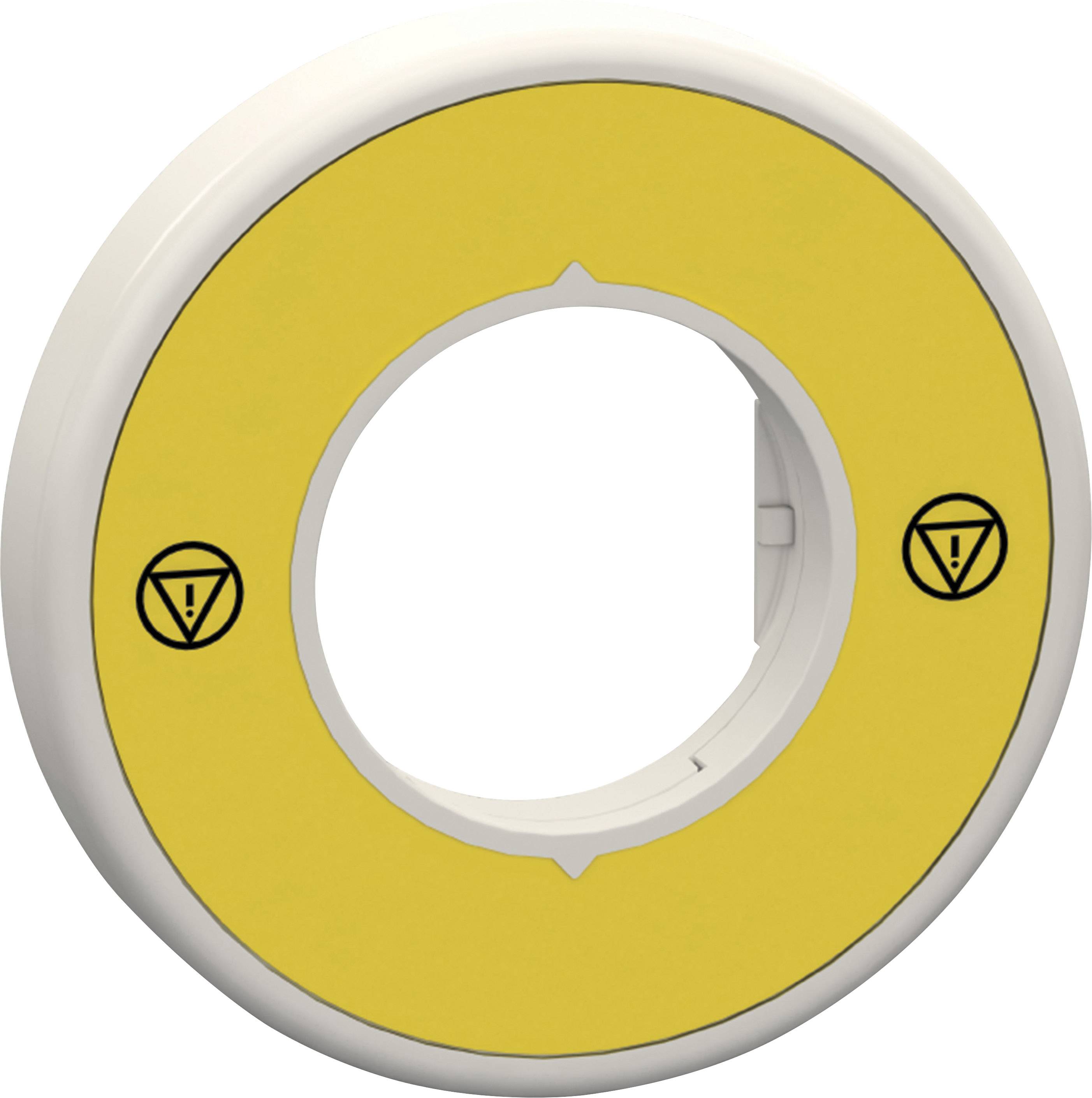 Yellow, round, ring-shaped object with two black warning triangle symbols.