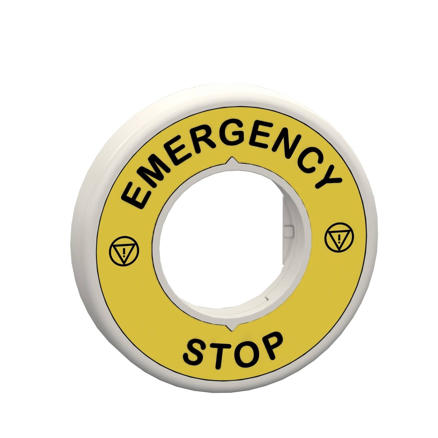 'Not-Halt' push button with yellow border and black 'Emergency Stop' inscription, centrally located in a circular frame.