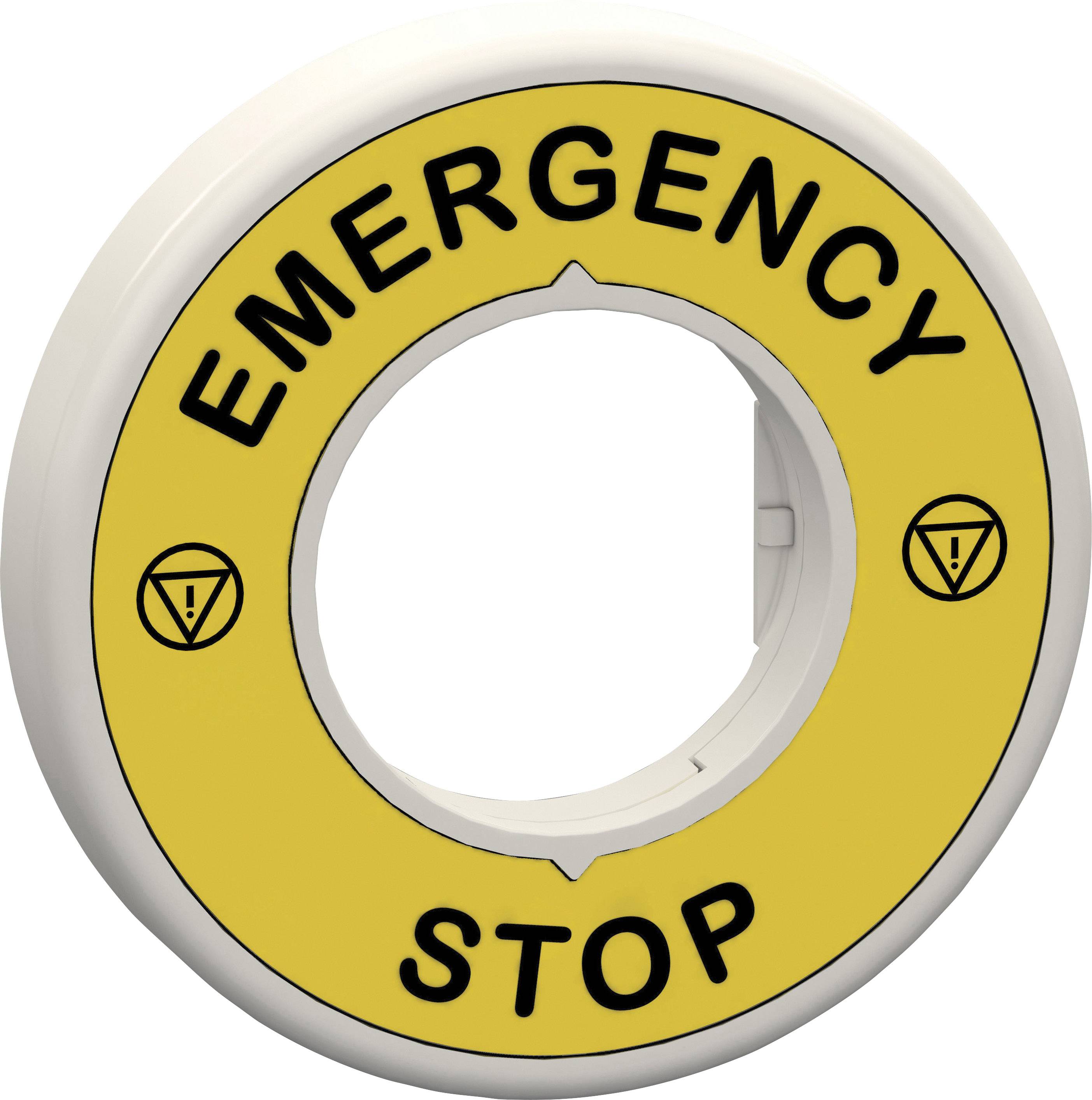 Yellow emergency stop button with 'EMERGENCY STOP' written in black text and warning symbols on either side of the text.
