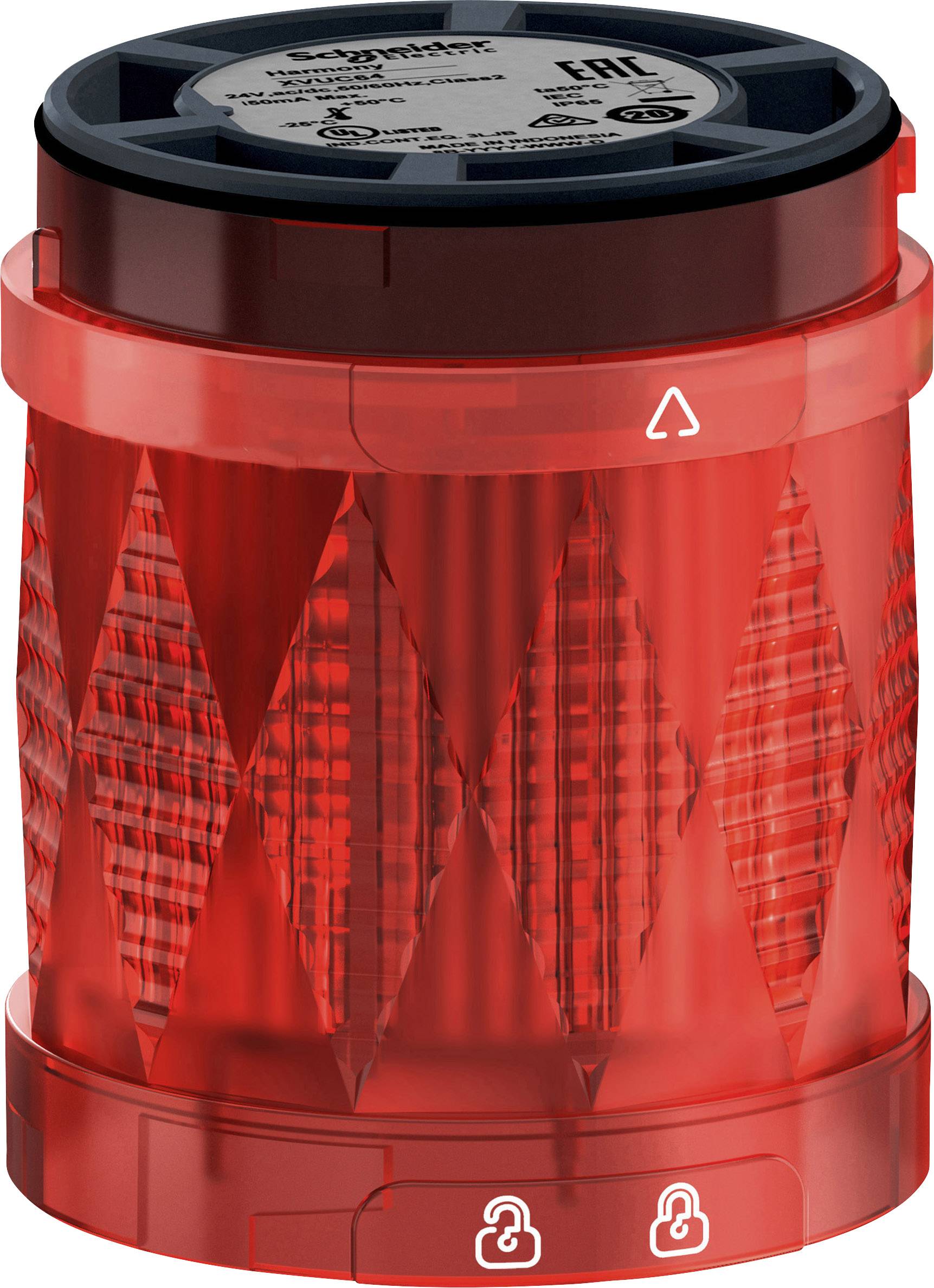 Red cylinder with warning symbols and hatching, possibly a safety light or signal lamp.