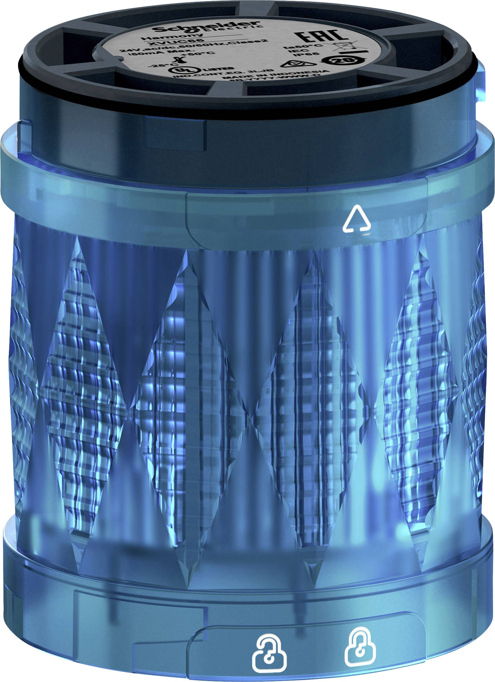 A blue, cylindrical optical sensor with arrow and lock symbols on the surface. Label with technical information at the top.