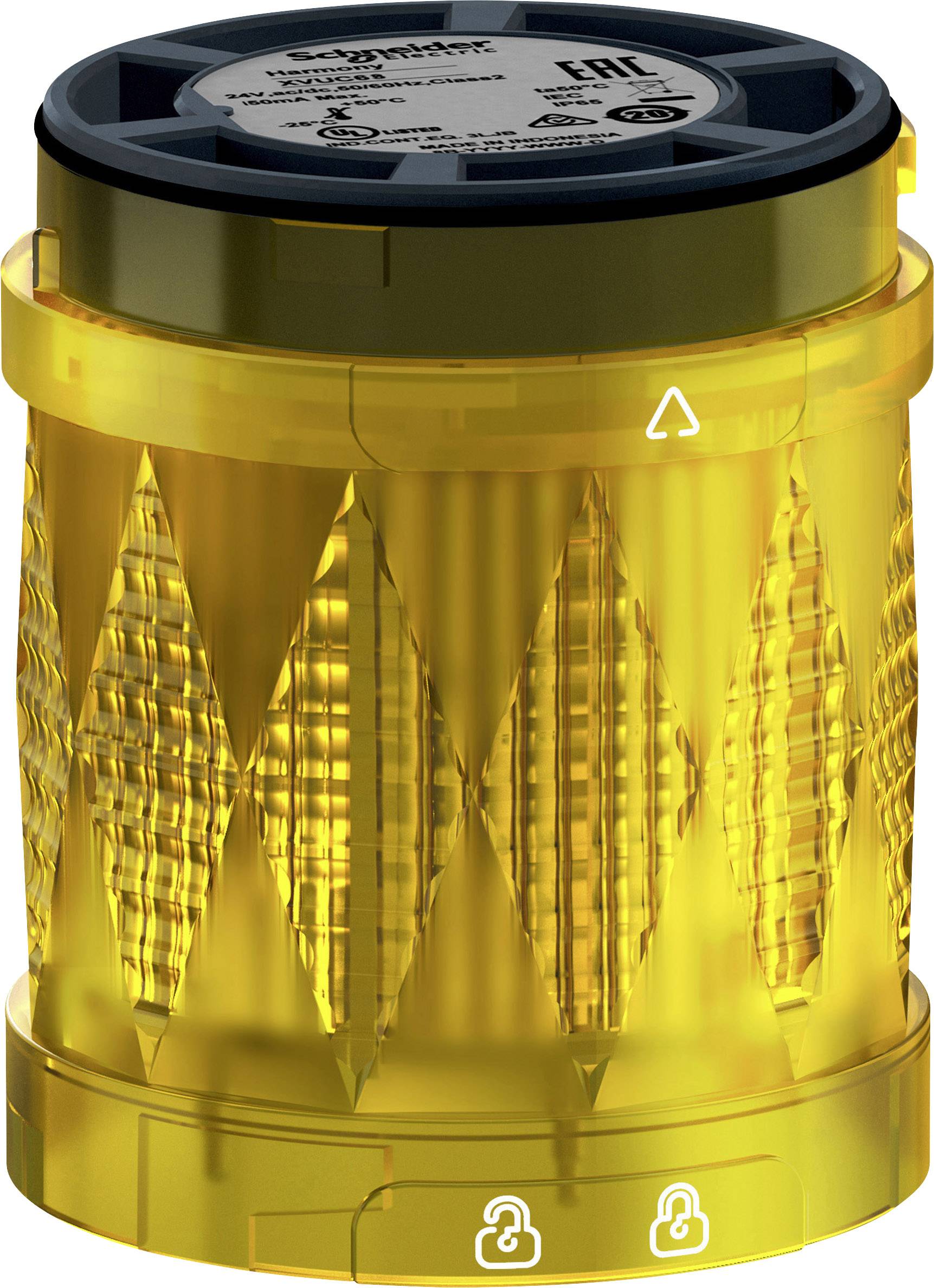 Yellow safety light with circular housing, transparent ribbed structure; used in safety applications for warning purposes.