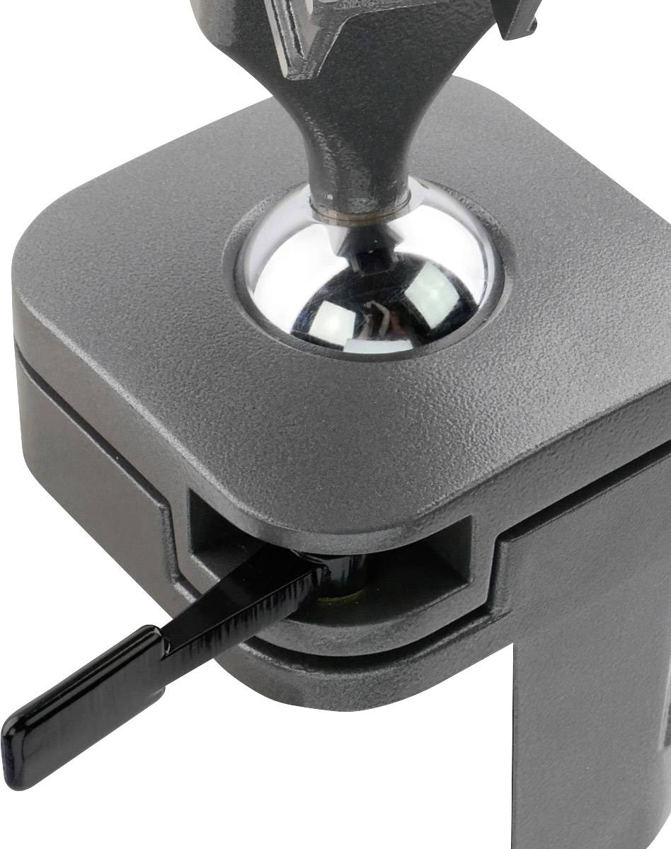 Close-up of an adjustable camera mount with a ball joint, adjustment lever visible on the side.