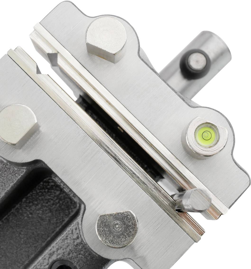 Metallic precision component with screws and a green spirit level bubble for accurate alignment and installation.