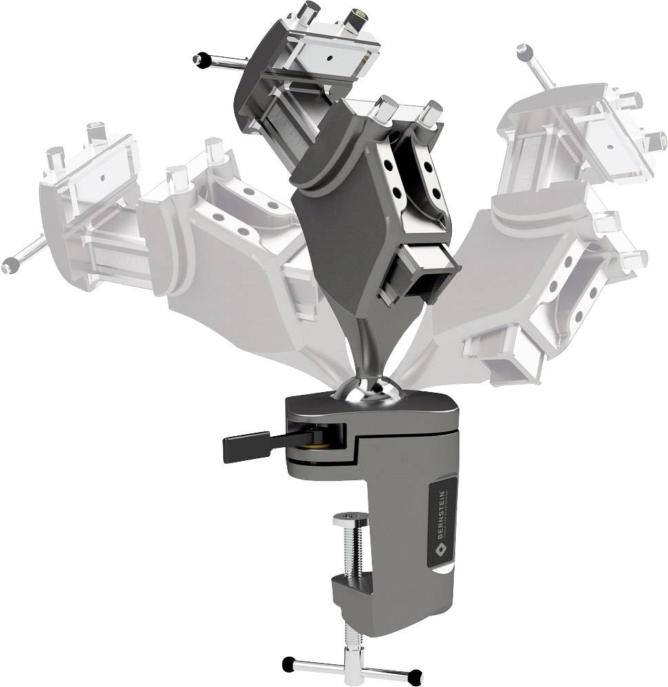 Mounting bracket at various angles, demonstrating flexibility and adaptability. Mounted on table edge with clamping mechanism.