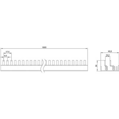 Technical drawing of a heat sink: shows cross-section with dimensions. Length 1060 mm, height 24 mm, fin spacing 8.6 mm.