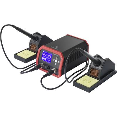 Soldering iron station with digital display, showing temperatures. Two soldering irons are connected; alongside sponges and steel wool.