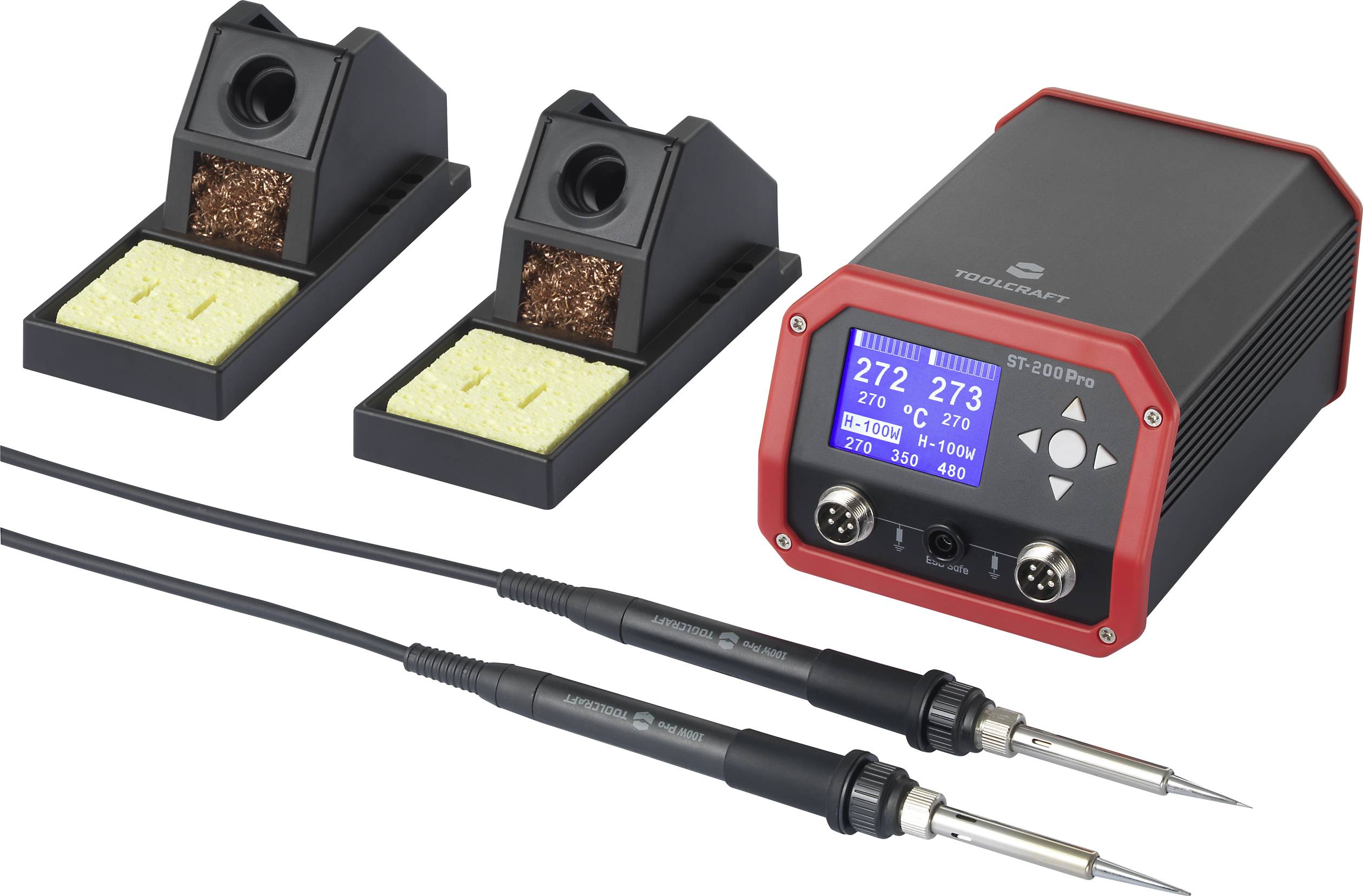 Soldering station with two soldering tips, digital display and two sponge holders. Display shows current and set temperature in degrees Celsius.