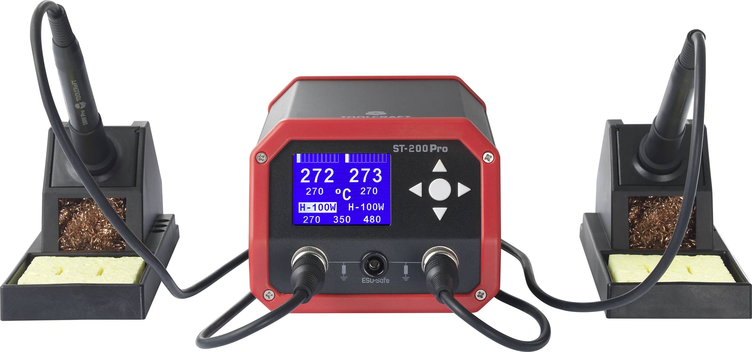 Soldering iron station with two soldering units, digital display, temperature indicator, and control elements.