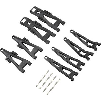 Eight black plastic parts in different shapes and four metal wires, possibly components of a construction kit or model.