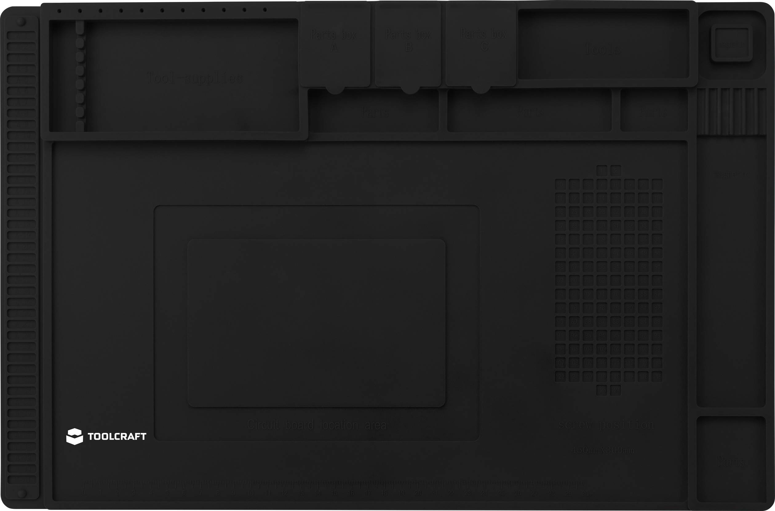 Black silicone mat with multiple recessed areas and grids, suitable for soldering work or as a work surface.